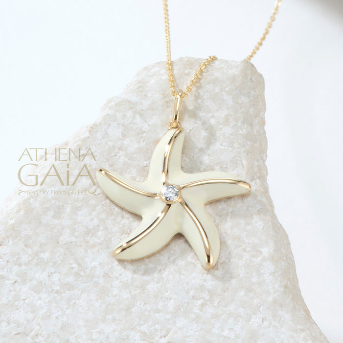 Elegant Starfish Enamel Pendant Necklace - 18k Gold Necklace