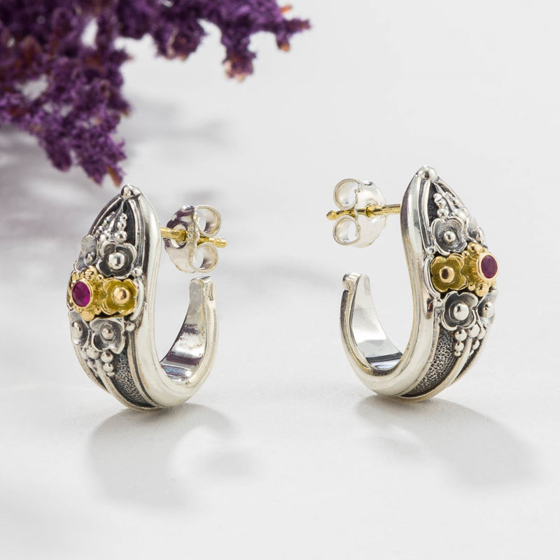 Kassandra Ruby Half - 18k Gold & Sterling Silver - Hoop Earrings