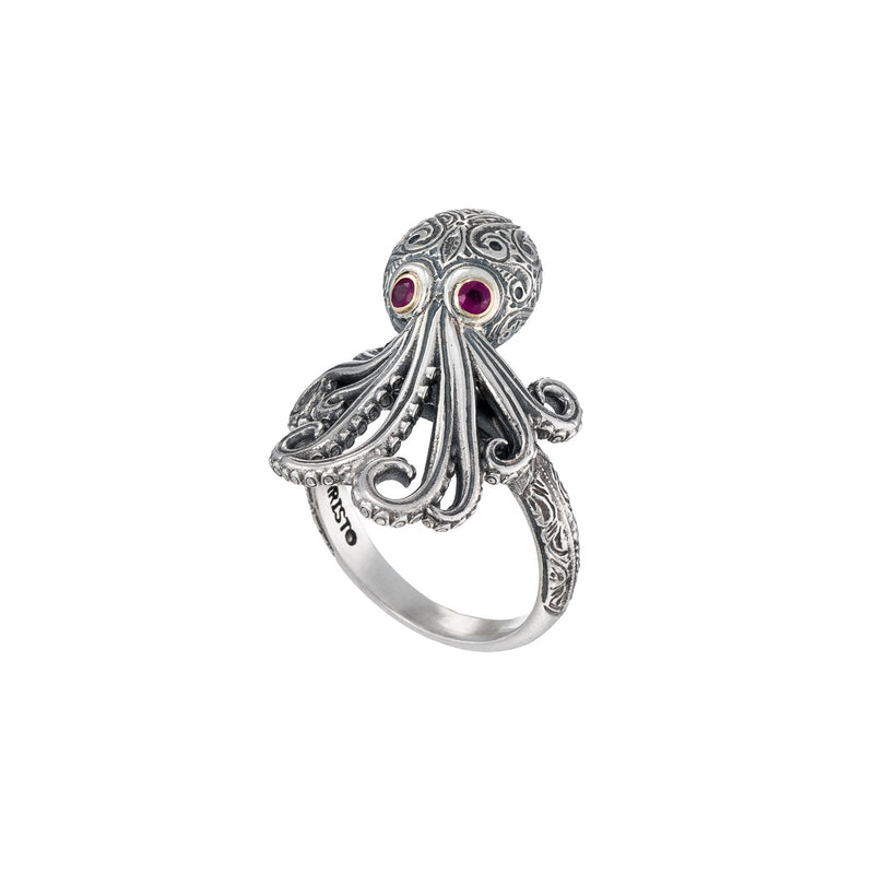 Thalassa Octopus Gemstone Ring - 18k Gold & Sterling Silver Ring - Cocktail Ring