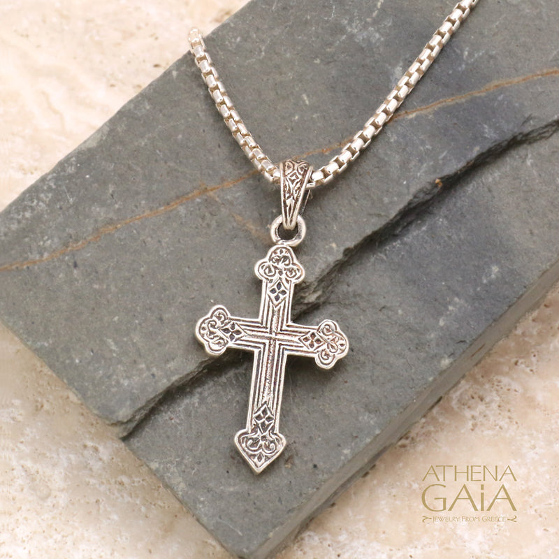 a silver Orthodox Baptism cross necklace with silver chain