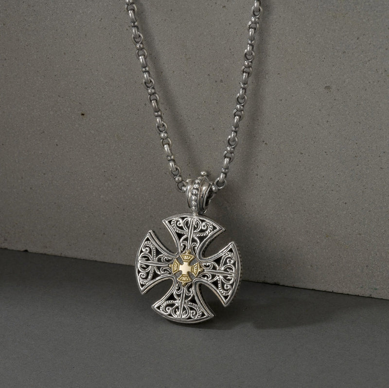 Patmos Canterbury Cross - 18k Gold and Sterling Silver - Cross Necklace