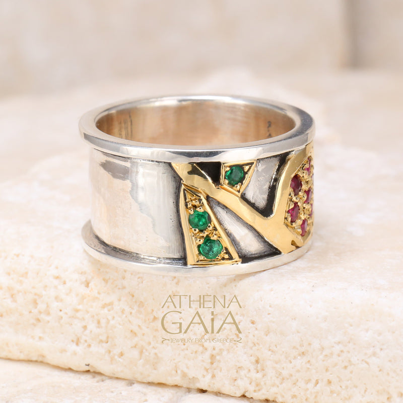Pomegranate Ring - 18k Gold & Sterling Silver Ring - Cigar Band Ring