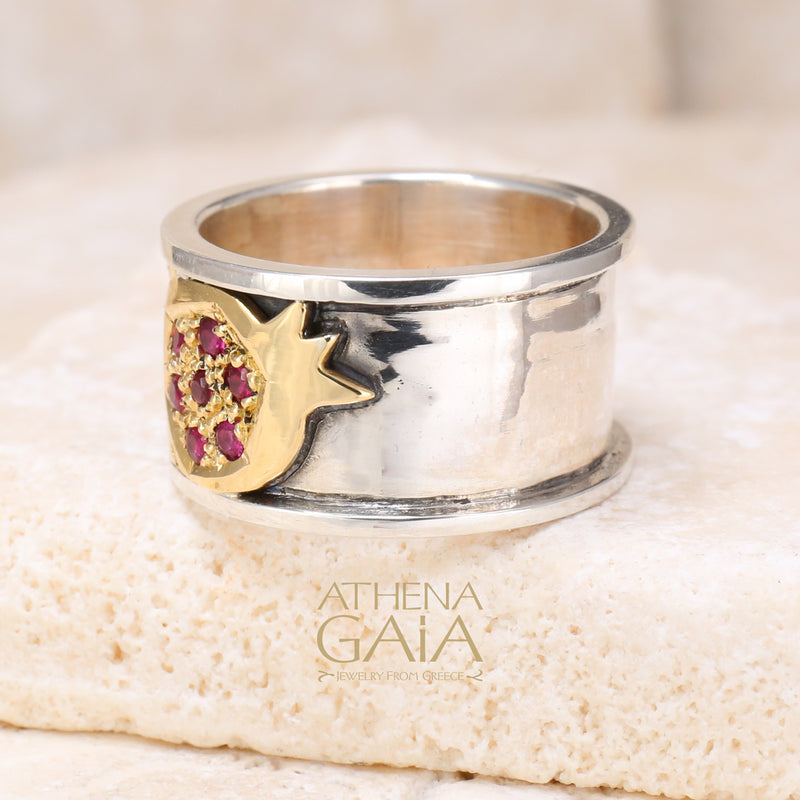 Pomegranate Ring - 18k Gold & Sterling Silver Ring - Cigar Band Ring