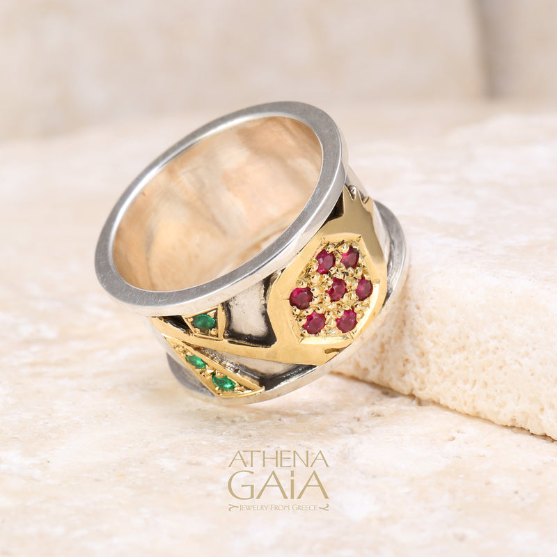 Pomegranate Ring - 18k Gold & Sterling Silver Ring - Cigar Band Ring
