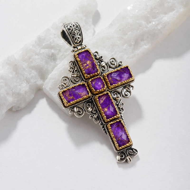Dione Long Filigree Doublet Cross - Sterling Silver & Gold Plating - Latin Cross