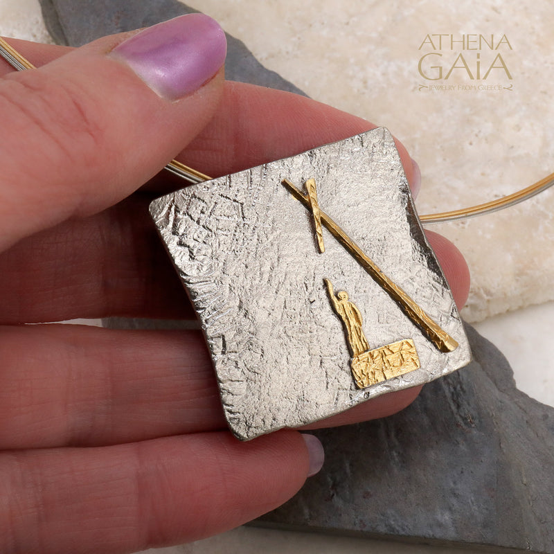 Pythagoras Wide Tablet Pendant - Gold Plated Sterling Silver - Mathematical Geometry Necklace