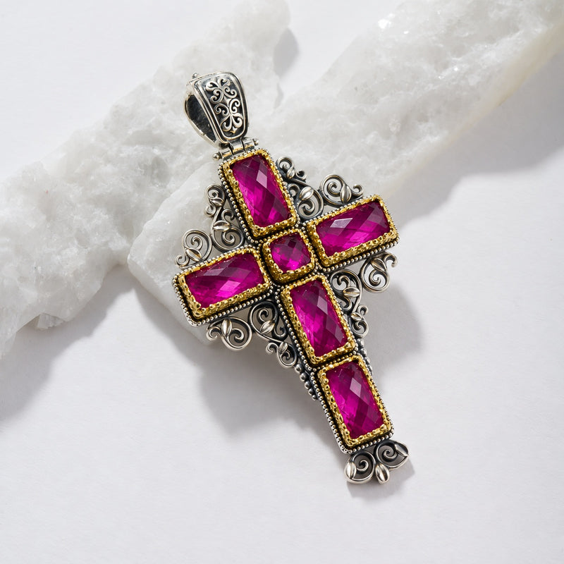 Dione Long Filigree Doublet Cross - Sterling Silver & Gold Plating - Latin Cross