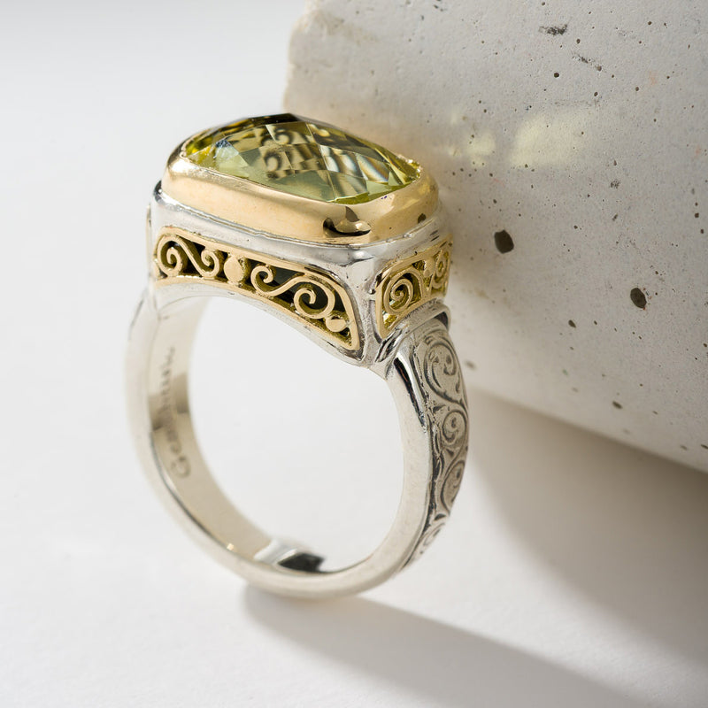 Topaz Filigree Side Rectangle Ring - 18k Gold & Sterling Silver Ring - Cocktail Ring