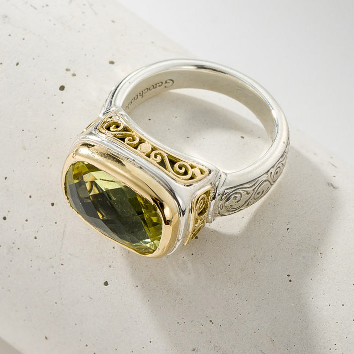 Topaz Filigree Side Rectangle Ring - 18k Gold & Sterling Silver Ring - Cocktail Ring