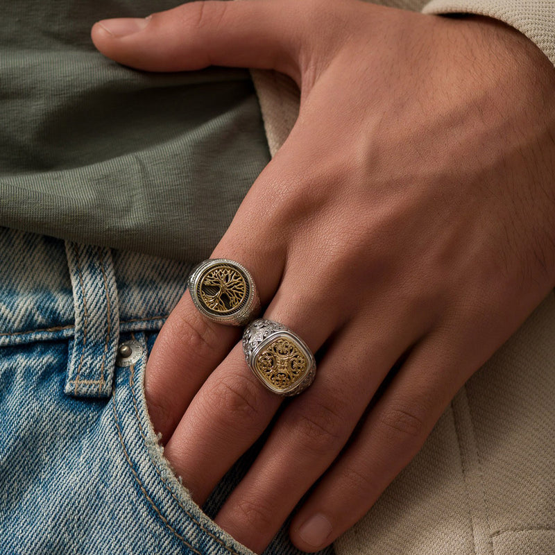 Mediterranean Barrel Ring - 18k Gold & Sterling Silver Ring - Club Ring