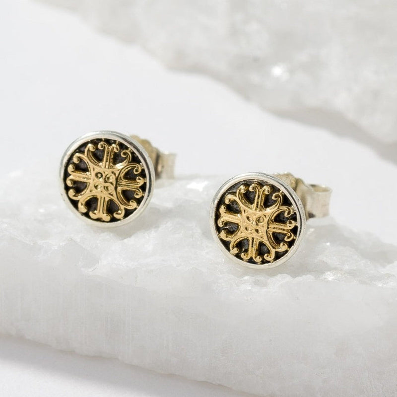 Alexander Vergina Shield Stud Earrings - 18k Gold & Sterling Silver - Unisex Earrings