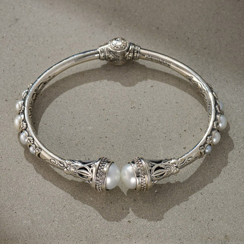 Santorini Pearl Sided Bracelet - Sterling Silver - Hinged Bangle Bracelet