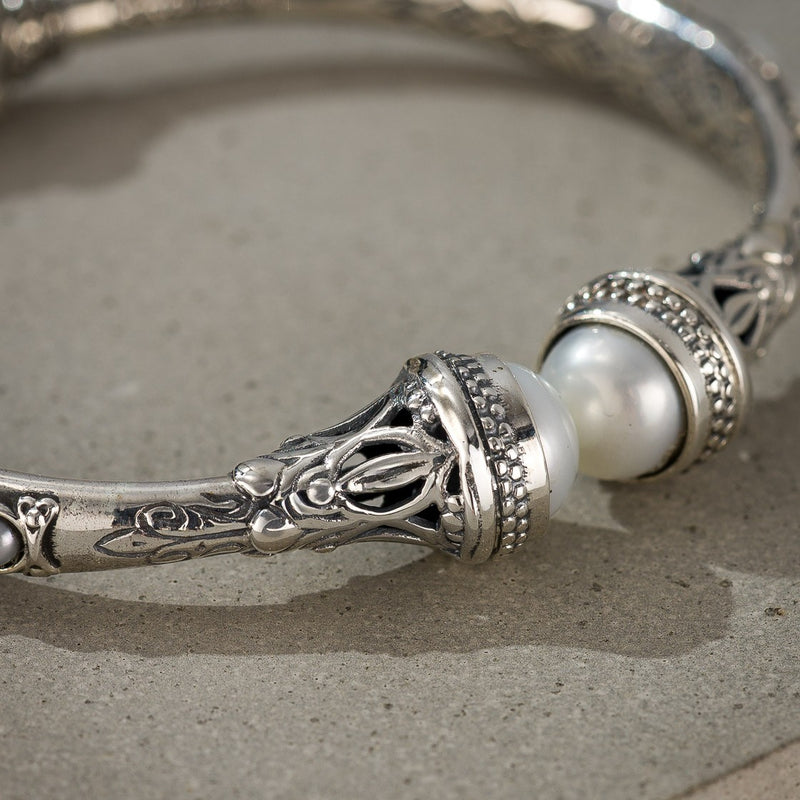 Santorini Pearl Sided Bracelet - Sterling Silver - Hinged Bangle Bracelet