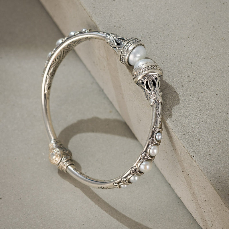 Santorini Pearl Sided Bracelet - Sterling Silver - Hinged Bangle Bracelet