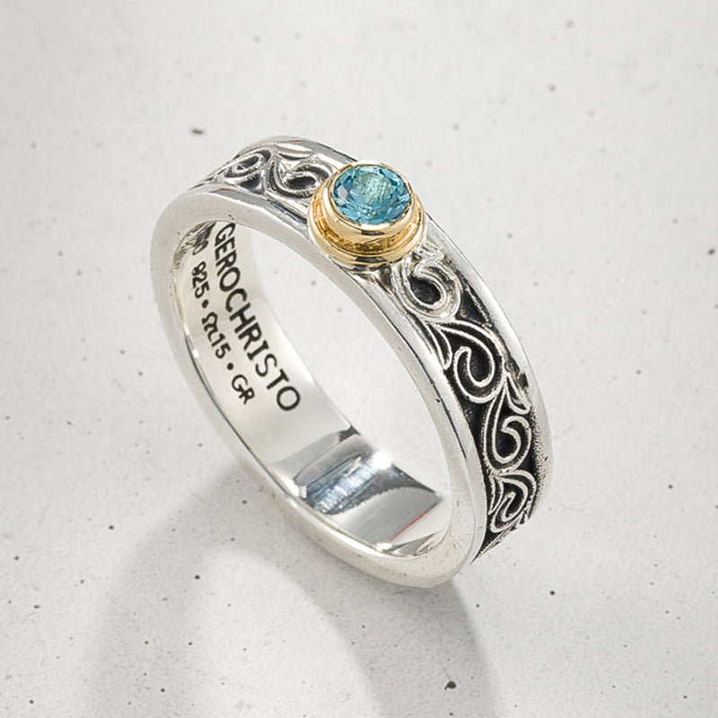 Kyma Stone Round Bezel Band Ring - 18k Gold & Sterling Silver Ring - Stackable Ring