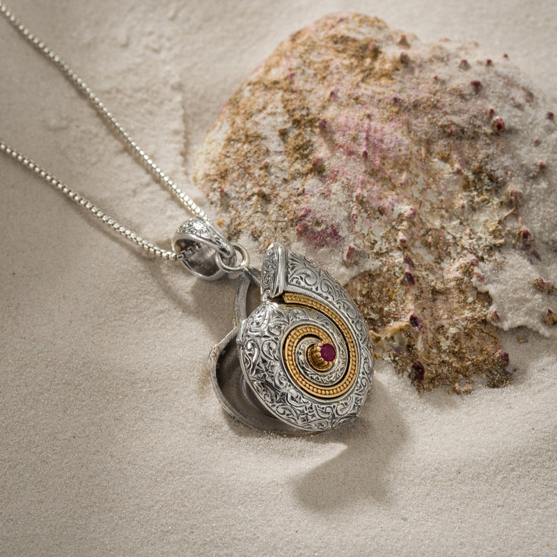 Thalassa Sea Snail with Stone Locket Pendant - 18k Gold & Sterling Silver Pendant