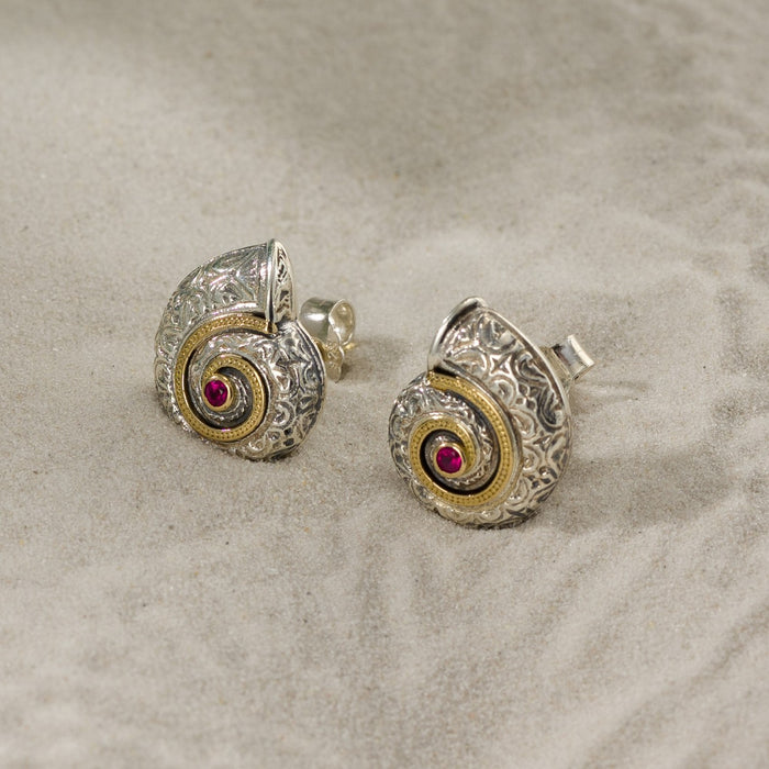 Thalassa Sea Snail with Stone Post Earrings - 18k Gold & Sterling Silver Earrings