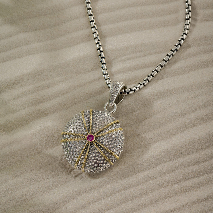 Thalassa Sea Urchin Skeleton with Stone Locket Pendant - 18k Gold & Sterling Silver Pendant