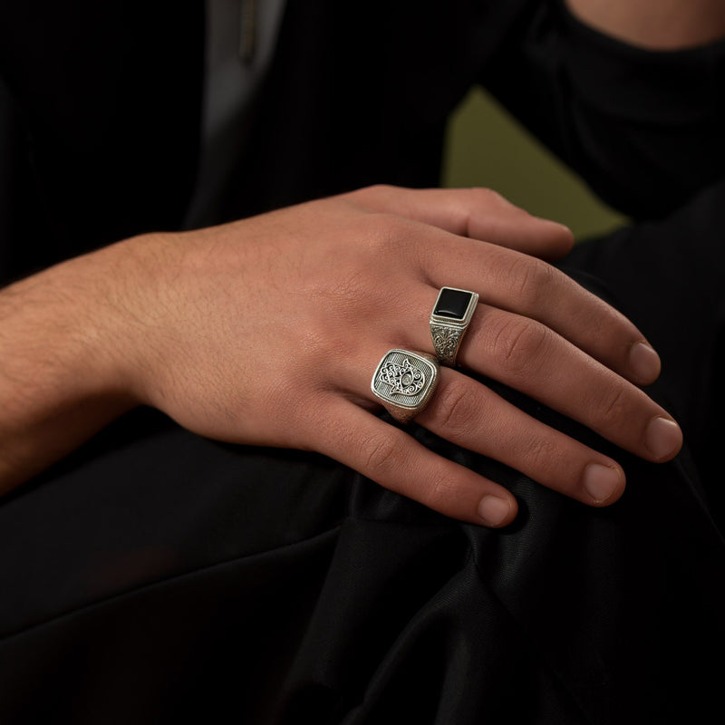 Square Etched Shank Band Ring - Sterling Silver Ring - Club Ring