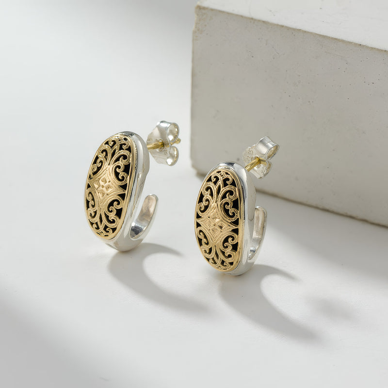 Filigree Half Hoop Post Earrings - 18k Gold & Sterling Silver Hoop Earrings