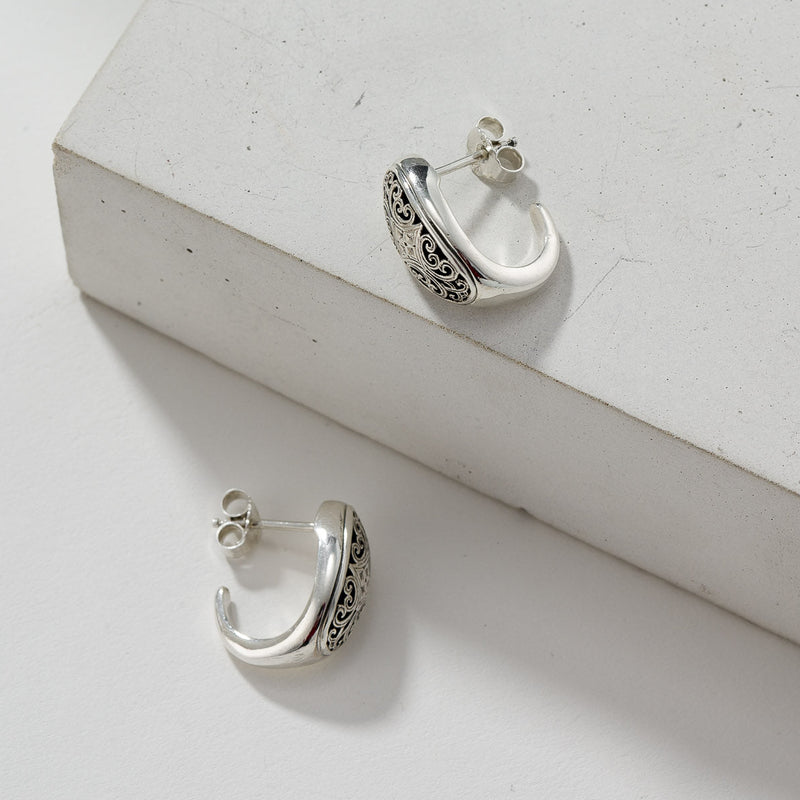 Simplicity Mediterranean Filigree Half Hoops - Sterling Silver - Post Earrings