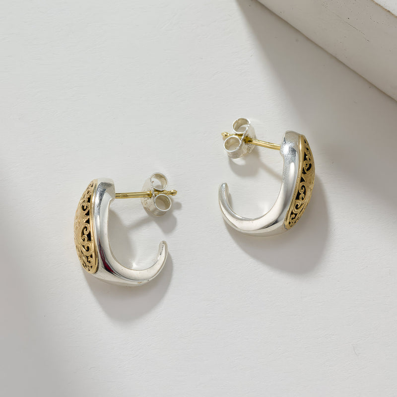 Filigree Half Hoop Post Earrings - 18k Gold & Sterling Silver Hoop Earrings