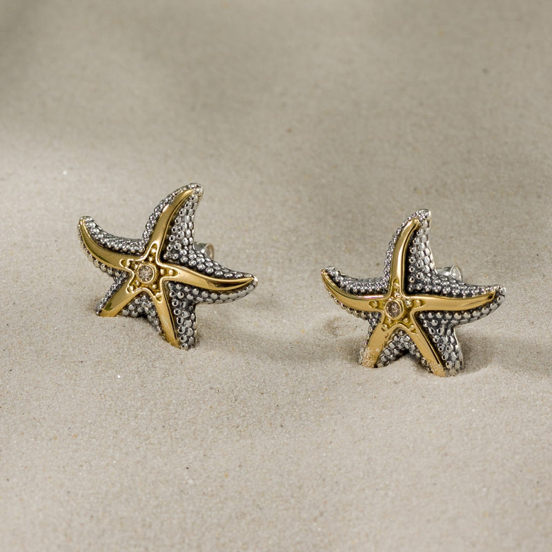 Thalassa Starfish with Stone Earrings (Large) - 18k Gold and Sterling Silver - Stud Earrings