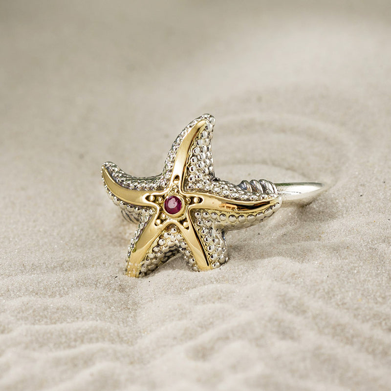 Thalassa Starfish Gemstone Ring (Small) - 18k Gold & Sterling Silver Ring - Cocktail Ring