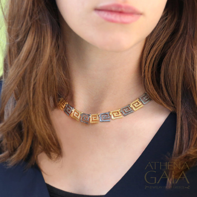 Greek Key Meander Full Necklace - Gold Plated Sterling Silver Necklace