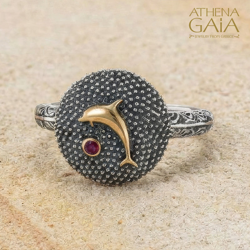 Thalassa Dolphin Gemstone Ring - 18k Gold & Sterling Silver Ring - Cocktail Ring