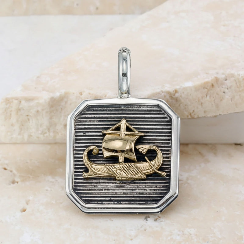 Trireme Talisman Square Pendant - 18k Gold & Sterling Silver Pendant