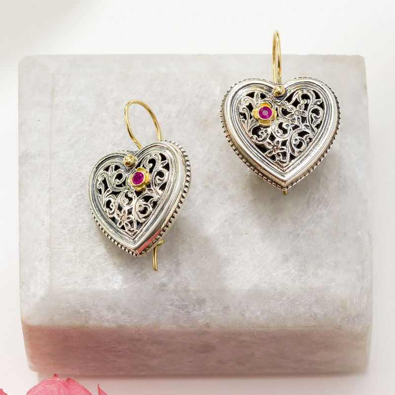 Heart with Ruby Earrings - 18k Gold & Sterling Silver Earrings - French Wire Earrings