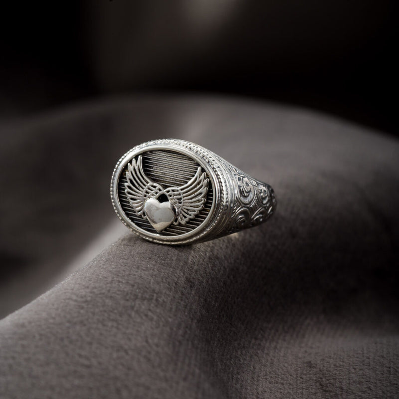 Winged Heart Oval Talisman Ring - Sterling Silver - Signet Ring