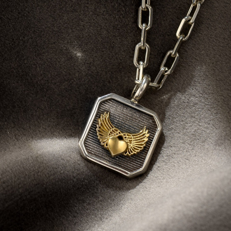 Winged Heart Square Pendant - 18k Gold & Sterling Silver - Talisman