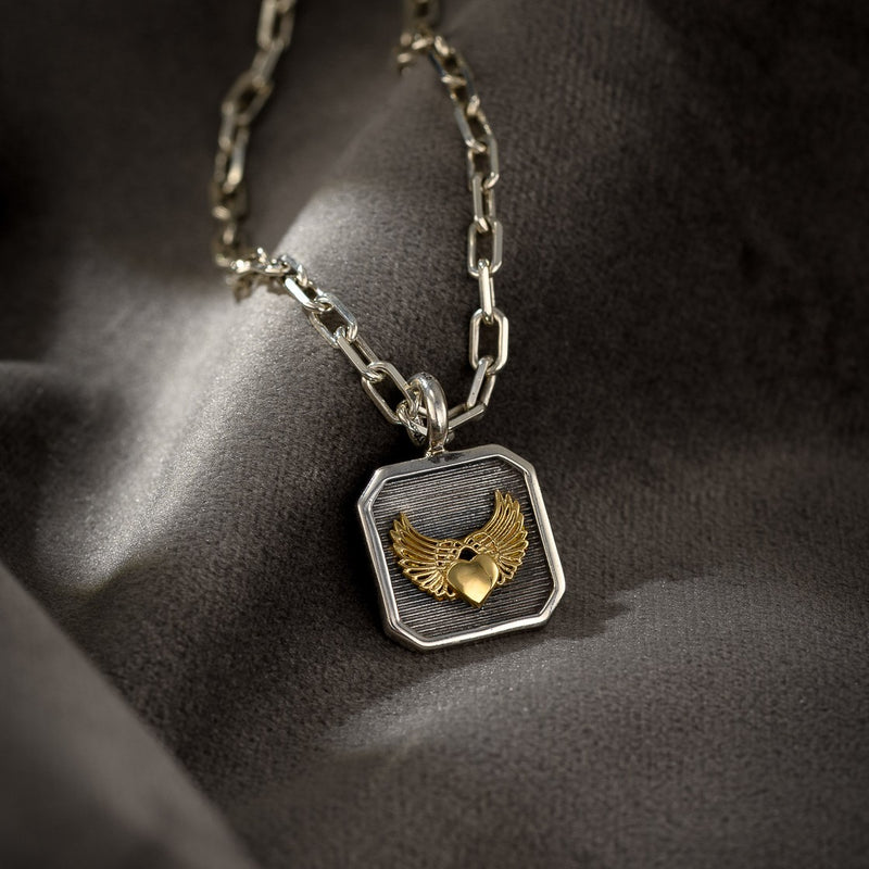 Winged Heart Square Pendant - 18k Gold & Sterling Silver - Talisman
