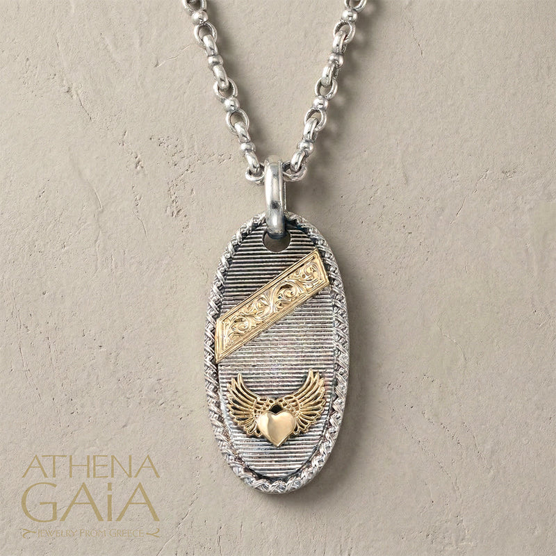 Tablet Winged Heart Pendant - 18k Gold & Sterling Silver - Talisman
