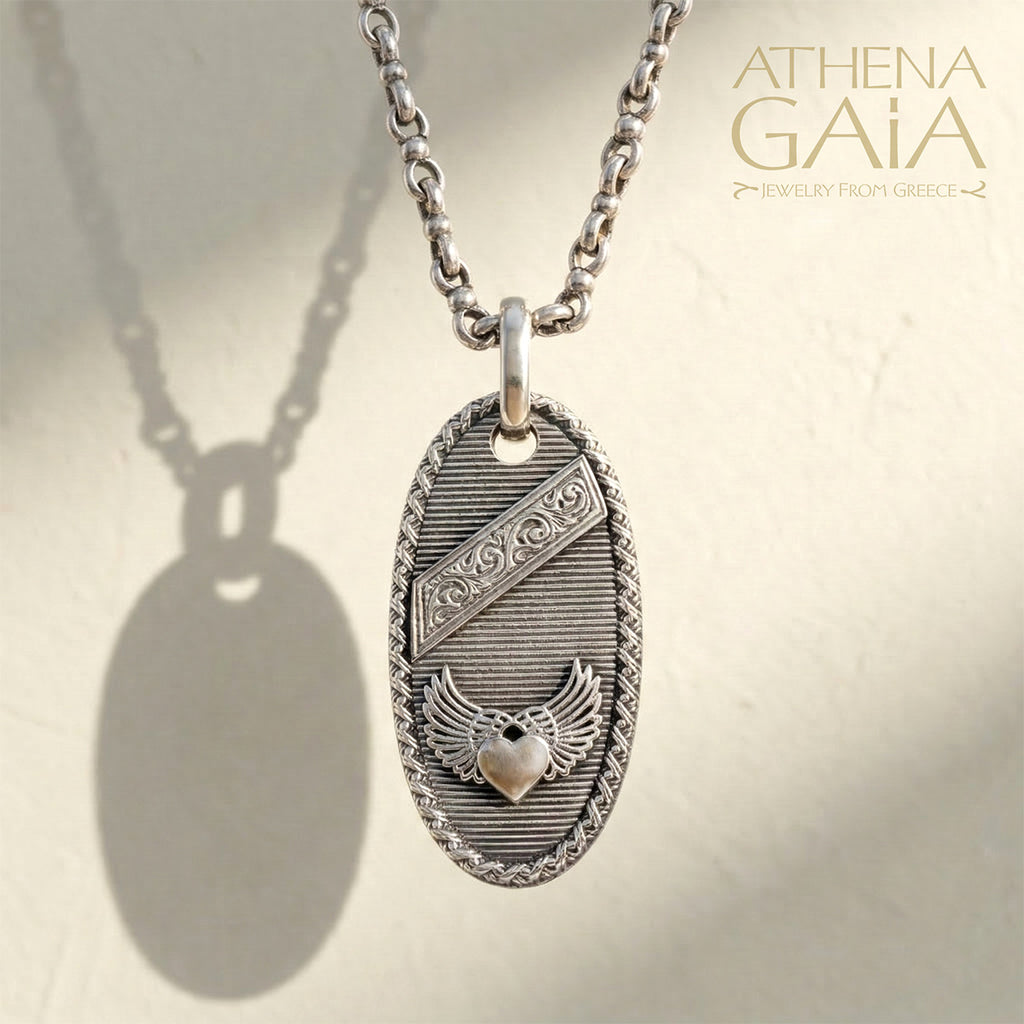 Tablet Winged Heart Pendant - Sterling Silver - Talisman