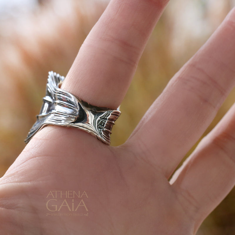 A unisex sterling silver signet ring featuring a profile of Alexander the Great within a decorative frame, displayed on a rock.