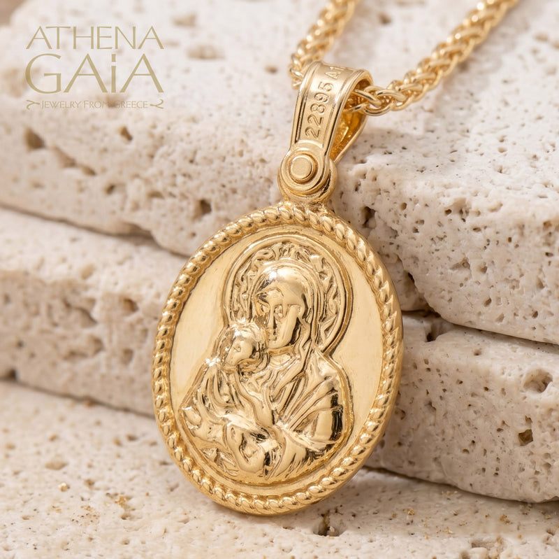ICXC NIKA Mother and Child Cross Pendant - 14k Gold - Oval Konstantinata