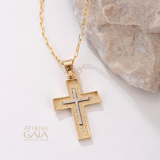 two toned white and yellow 14k gold latin cross with gold necklace