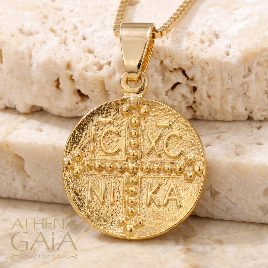 ICXC NIKA Justinian and Theodora Concave Cross (Small) - 14k Gold - Coin Konstantinata