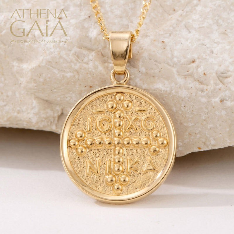 IC XC NIKA Justinian and Theodora Cross - 14k Gold - Coin Konstantinata