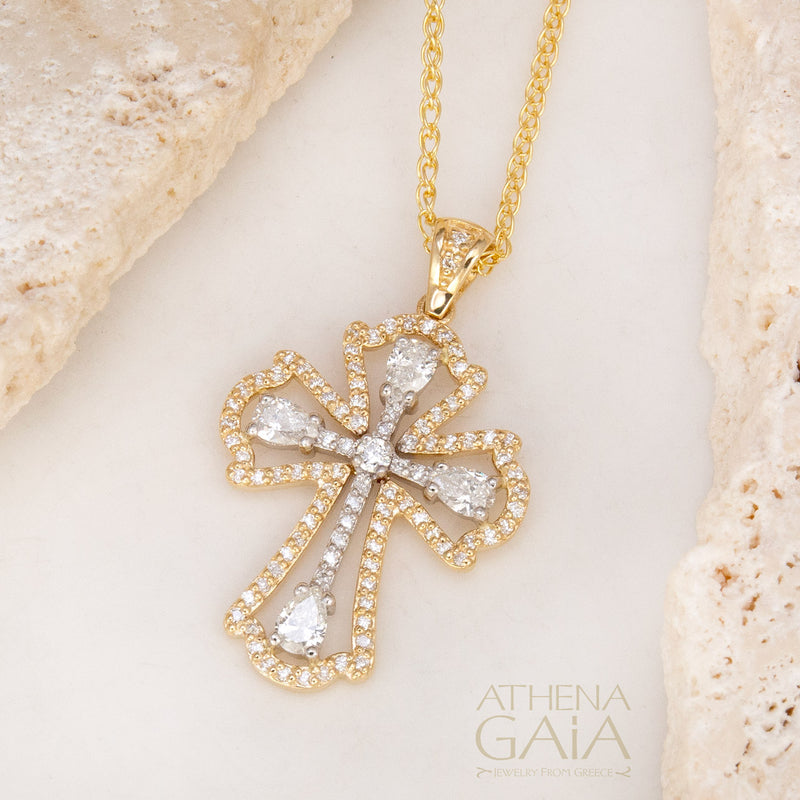 Flared Open Cross - 14k Gold - Diamond Cross Necklace - Orthodox Cross
