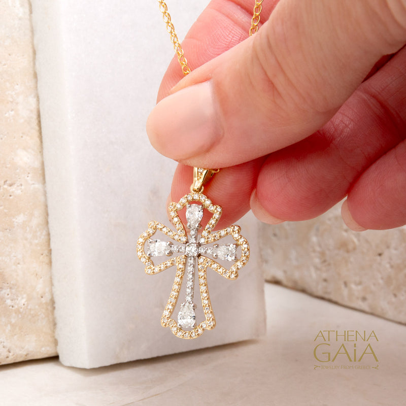 Flared Open Cross - 14k Gold - Diamond Cross Necklace - Orthodox Cross