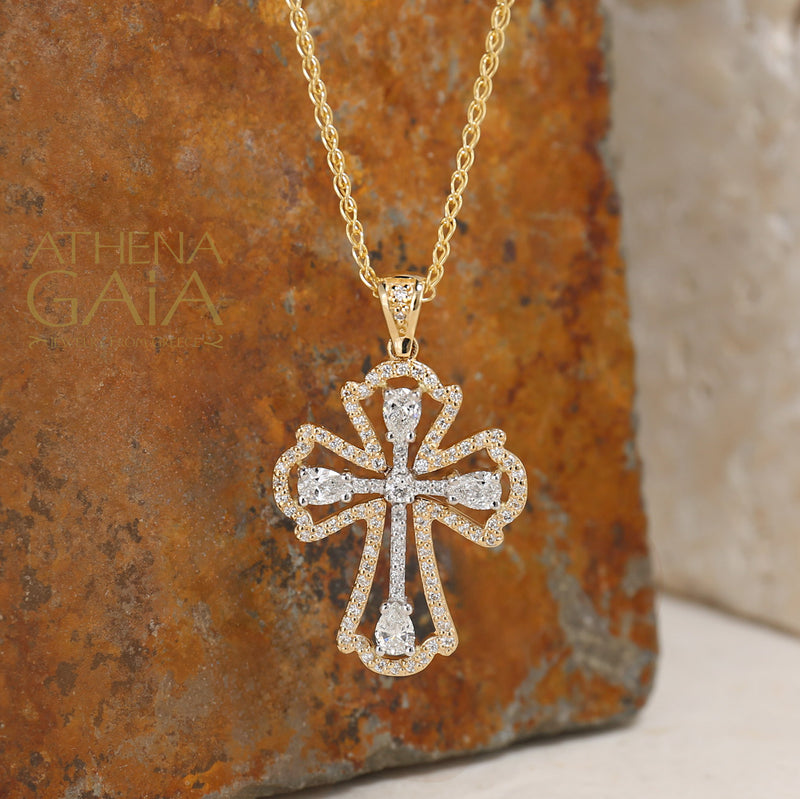 Flared Open Cross - 14k Gold - Diamond Cross Necklace - Orthodox Cross