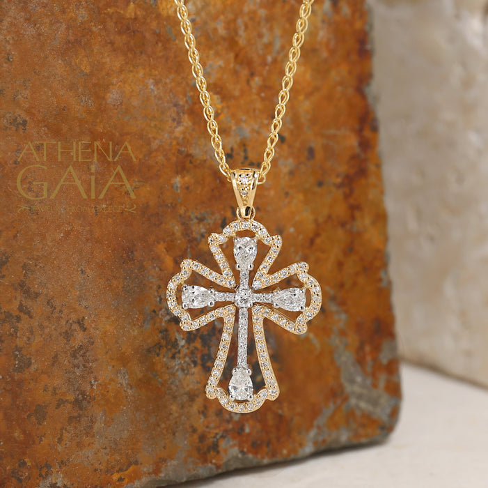 Al'Oro Flared Open Cross with Diamonds