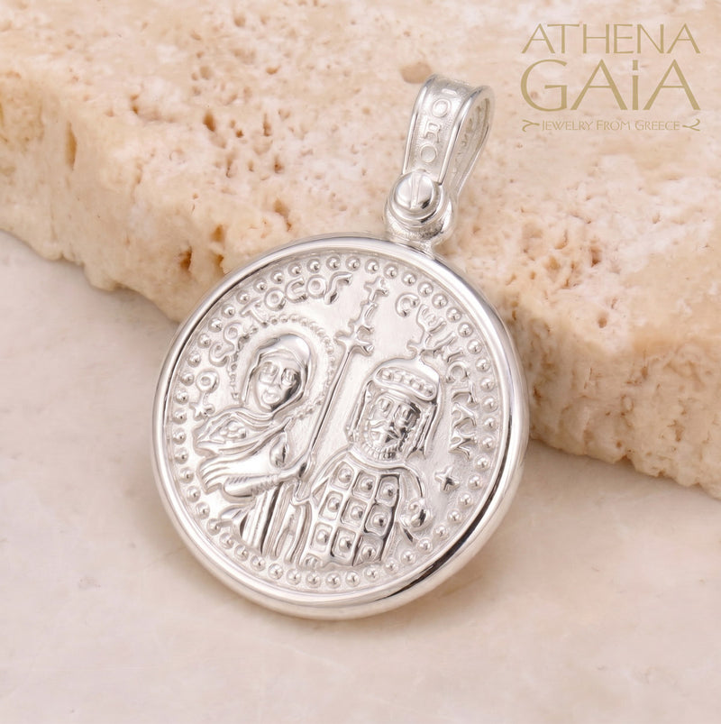 Konstantino and Eleni Cross Pendant - Sterling Silver - Coin Konstantinata