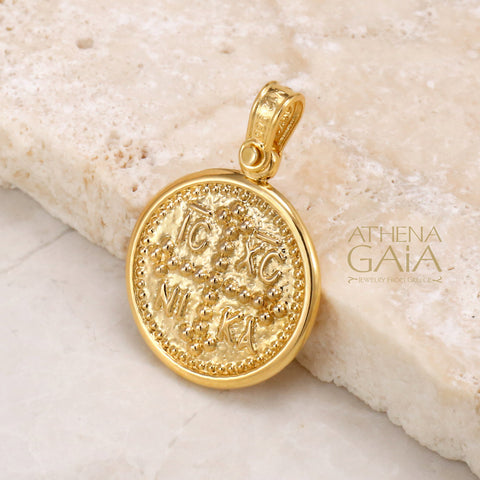ICXC NIKA Konstantino and Eleni Cross Pendant - 14k Gold - Coin Konstantinata