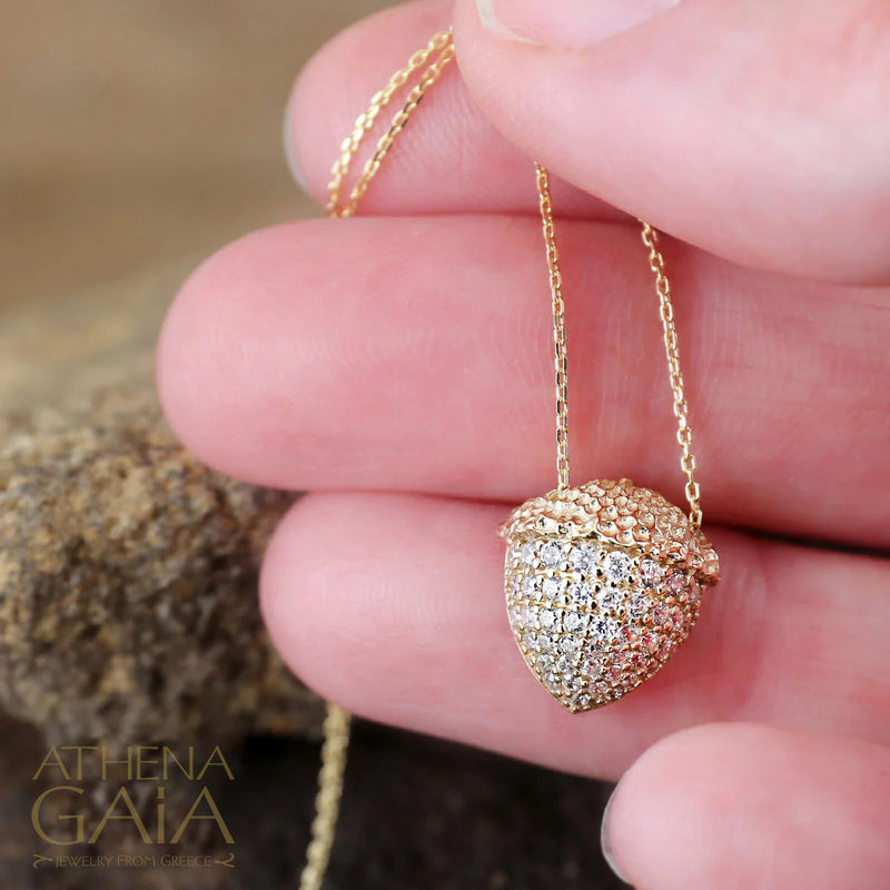 Pave Stoned Acorn Necklace - 14k Gold Necklace