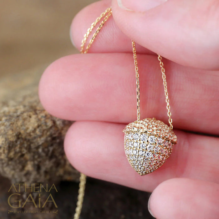 Pave Stoned Acorn Necklace - 14k Gold Necklace